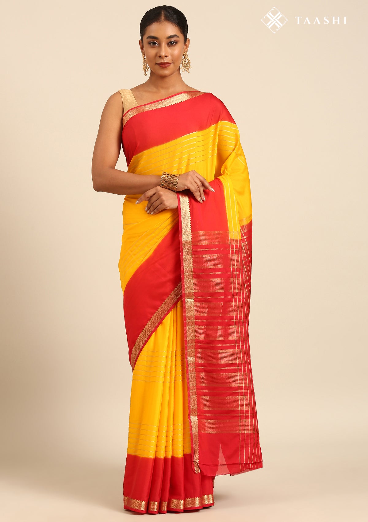 Yellow And Red Woven Stripes 2D Dyed Crepe Saree