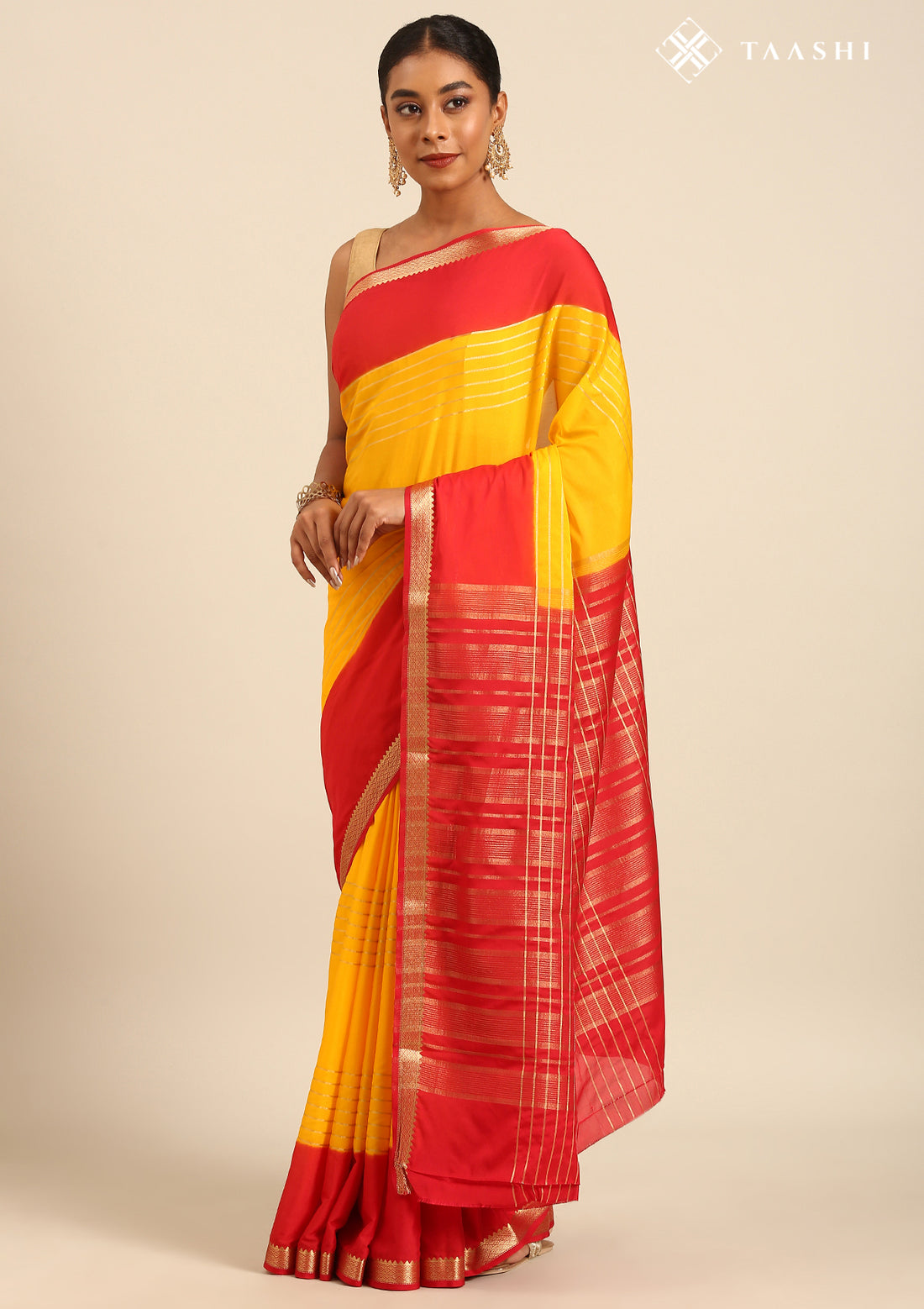 Yellow And Red Woven Stripes 2D Dyed Crepe Saree