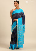 Navy Blue And Blue Woven Stripes 2D Dyed Crepe Saree - Taashi