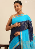 Navy Blue And Blue Woven Stripes 2D Dyed Crepe Saree - Taashi