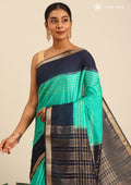 Green And Navy Blue Woven Stripes 2D Dyed Crepe Saree - Taashi