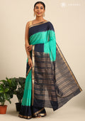 Green And Navy Blue Woven Stripes 2D Dyed Crepe Saree - Taashi