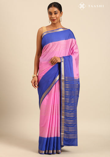 Pink And  Blue Woven Stripes 2D Dyed Crepe Saree