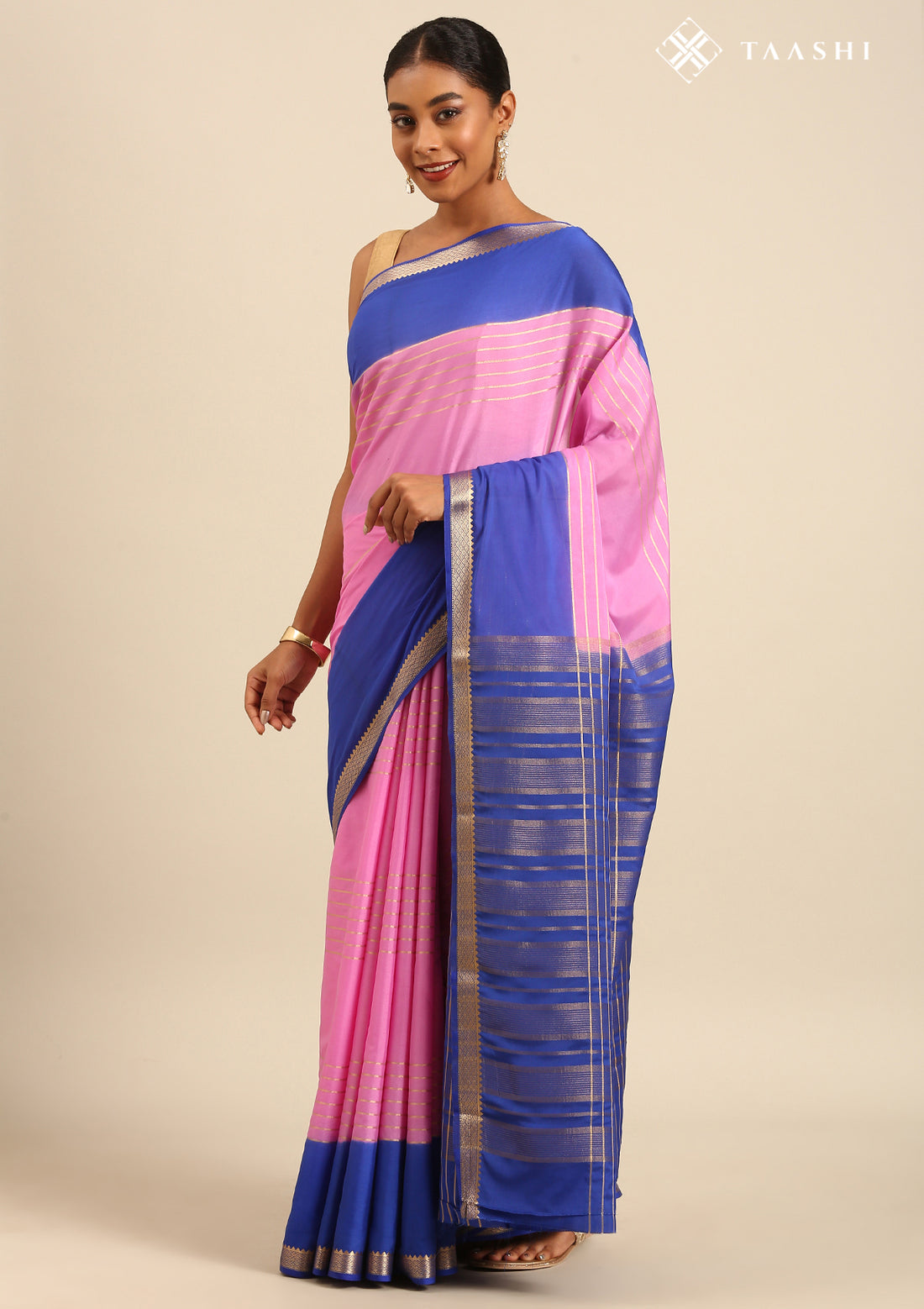 Pink And  Blue Woven Stripes 2D Dyed Crepe Saree