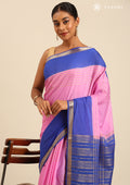Pink And  Blue Woven Stripes 2D Dyed Crepe Saree - Taashi