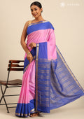Pink And  Blue Woven Stripes 2D Dyed Crepe Saree - Taashi