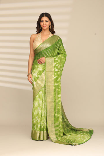 Leaf Green Crepe Shibori Tie & Dye Saree