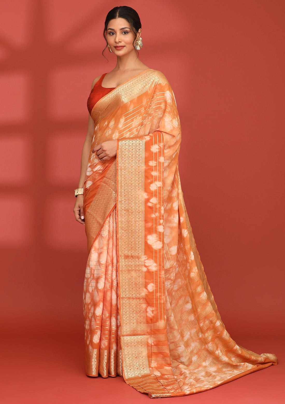 Peach Crepe Shibori Tie & Dye Saree