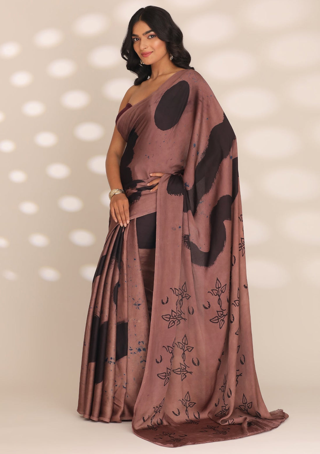 Mocha Brown Modal Silk Brush Stroke Hand Painted Saree