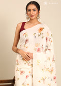 OffWhite Floral Printed Crepe Saree - Taashi