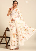 OffWhite Floral Printed Crepe Saree - Taashi