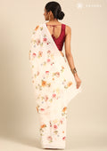 OffWhite Floral Printed Crepe Saree - Taashi