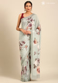 Dusty Blue Floral Printed Crepe Saree - Taashi