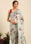 Dusty Blue Floral Printed Crepe Saree - Taashi