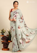 Dusty Blue Floral Printed Crepe Saree - Taashi