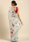 Dusty Blue Floral Printed Crepe Saree - Taashi