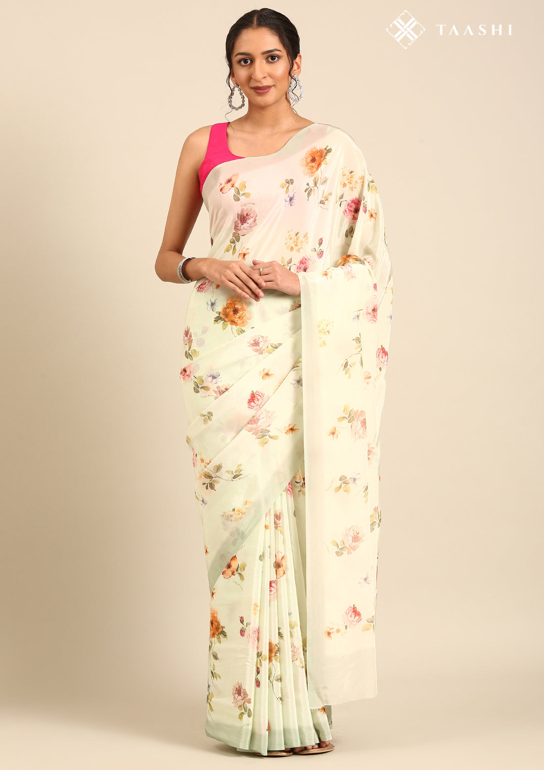 Pastel Mint Green Floral Printed Crepe Saree