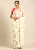 Pastel Mint Green Floral Printed Crepe Saree - Taashi