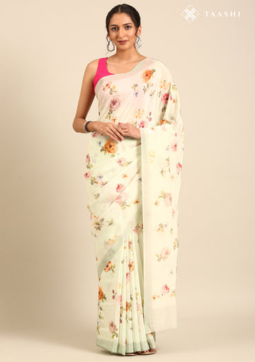 Pastel Mint Green Floral Printed Crepe Saree