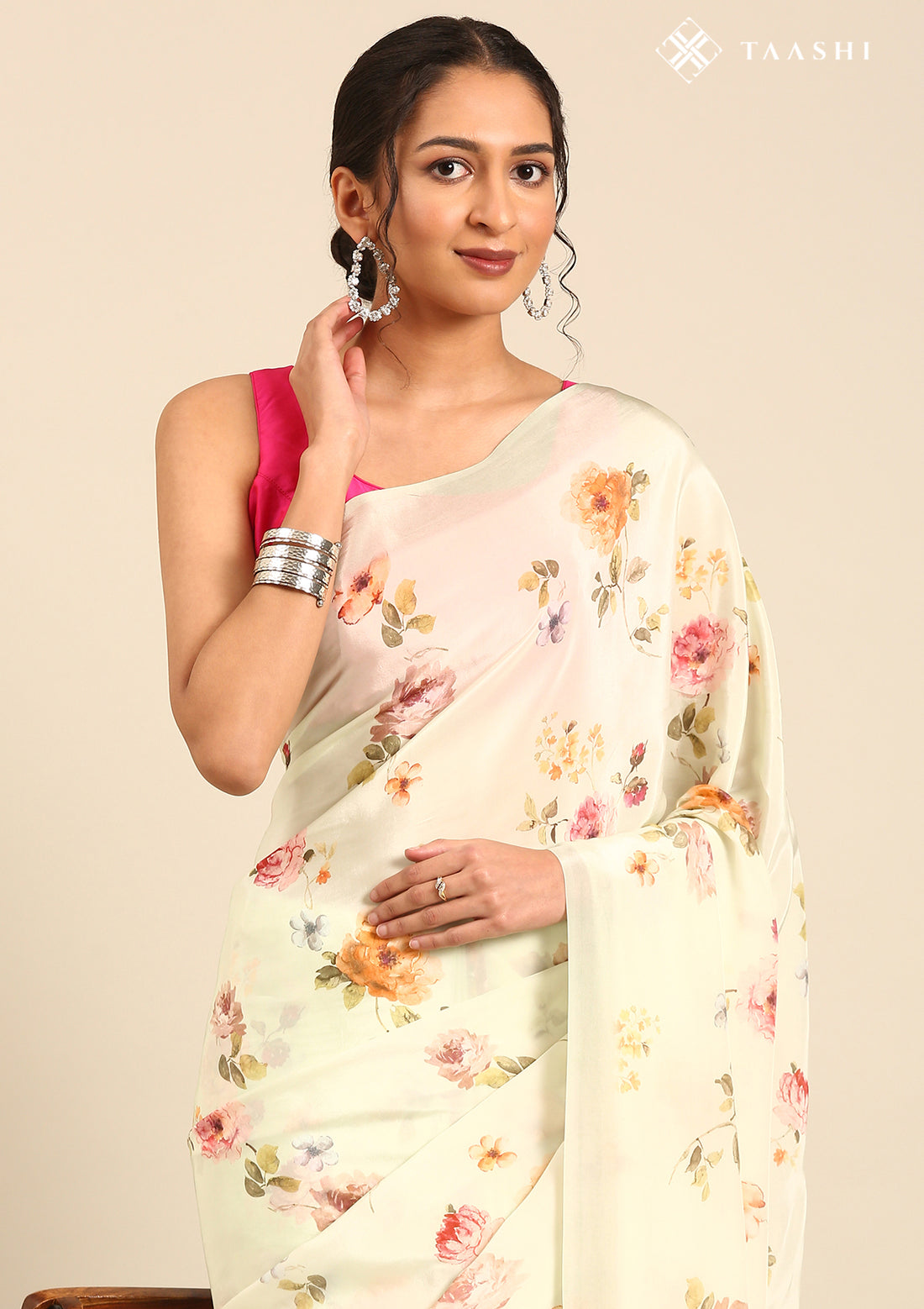 Pastel Mint Green Floral Printed Crepe Saree