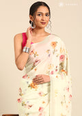 Pastel Mint Green Floral Printed Crepe Saree - Taashi