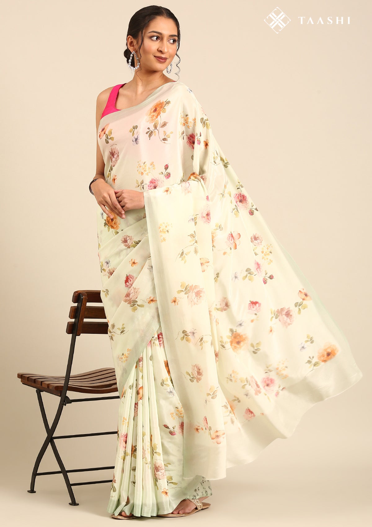 Pastel Mint Green Floral Printed Crepe Saree