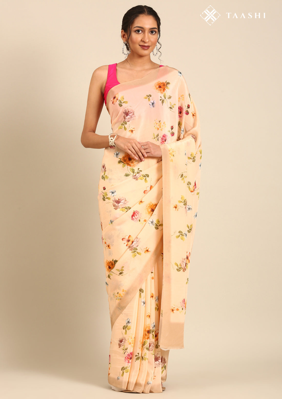 Pastel Peach Floral Printed Crepe Saree