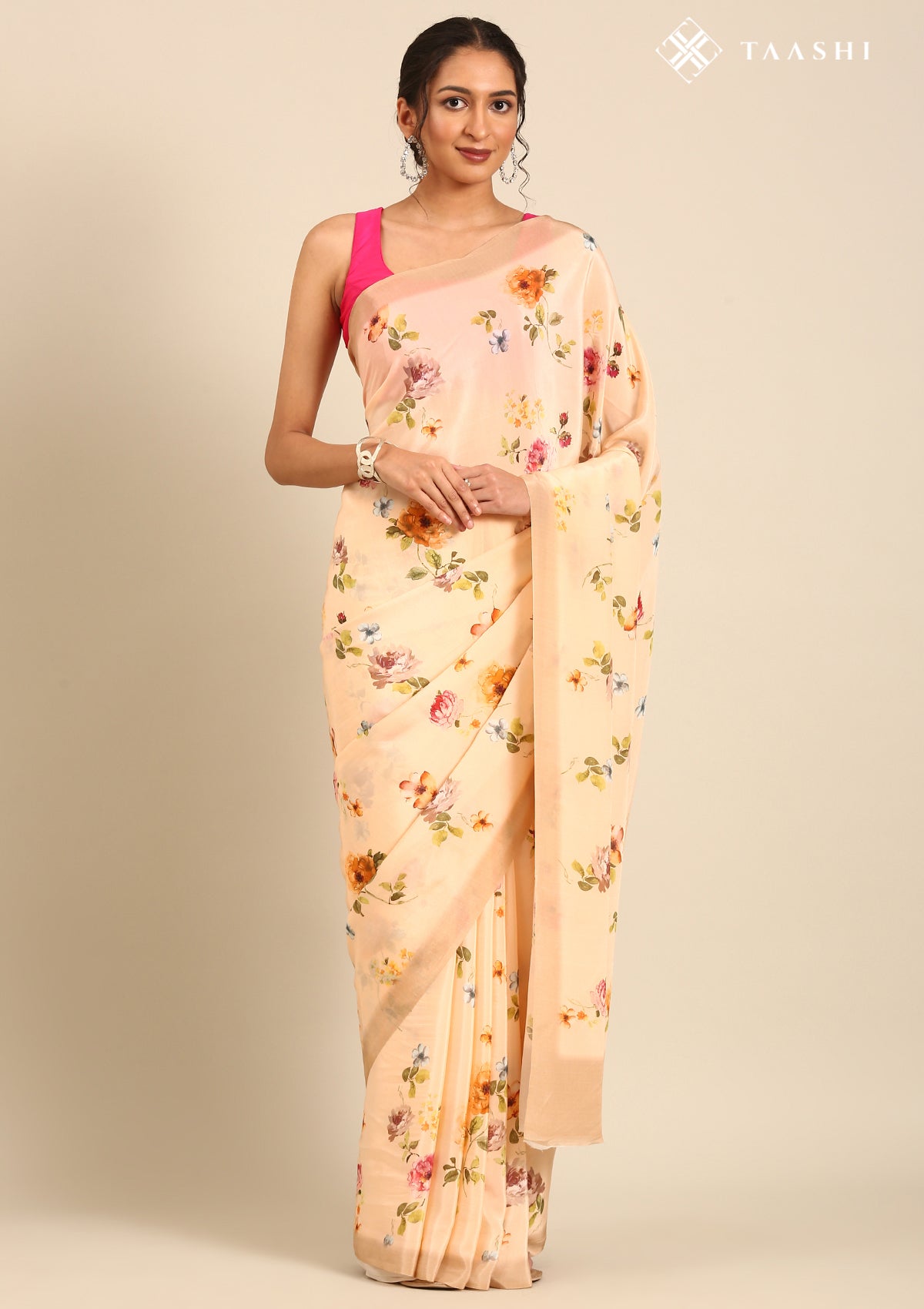 Pastel Peach Floral Printed Crepe Saree