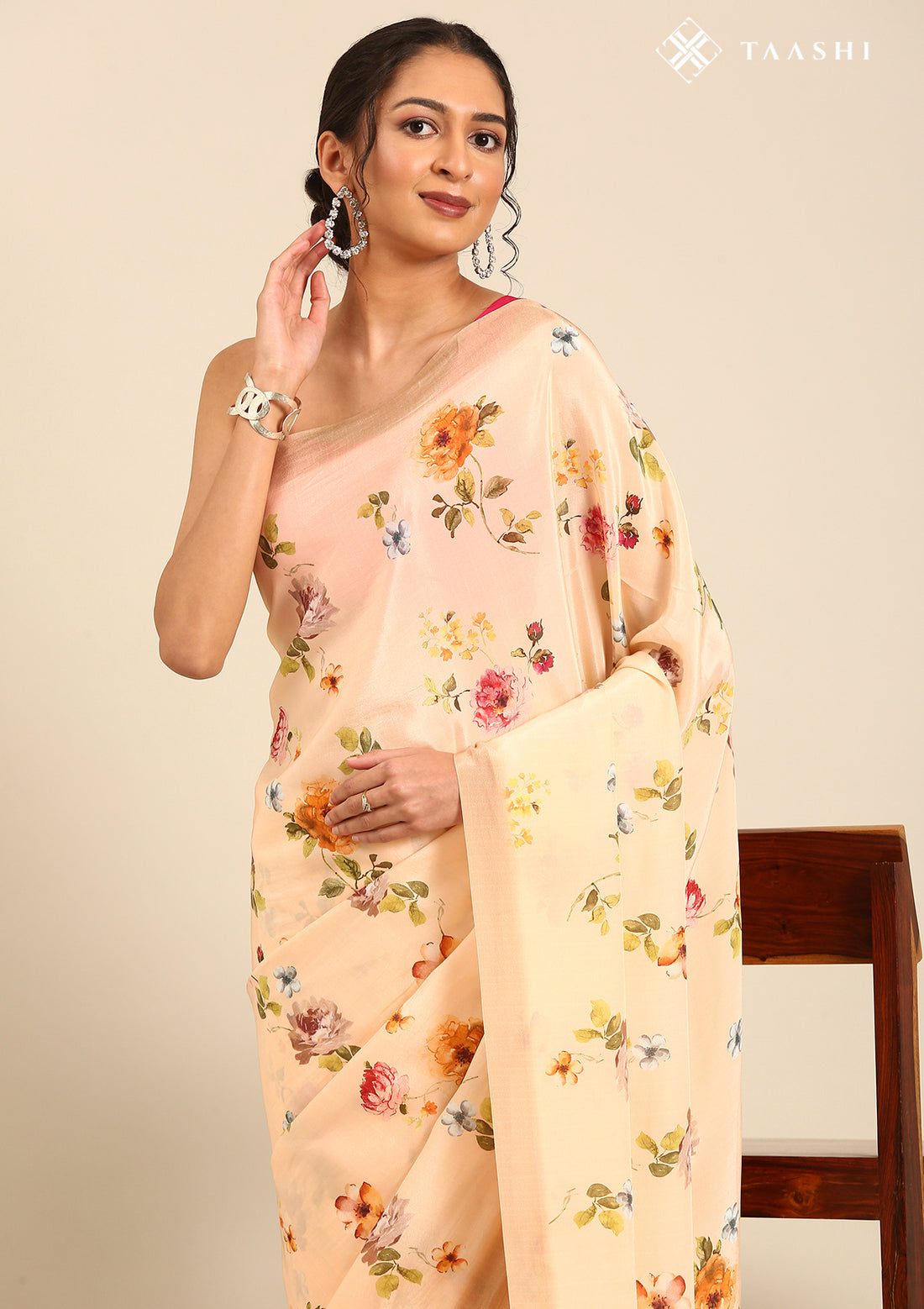 Pastel Peach Floral Printed Crepe Saree