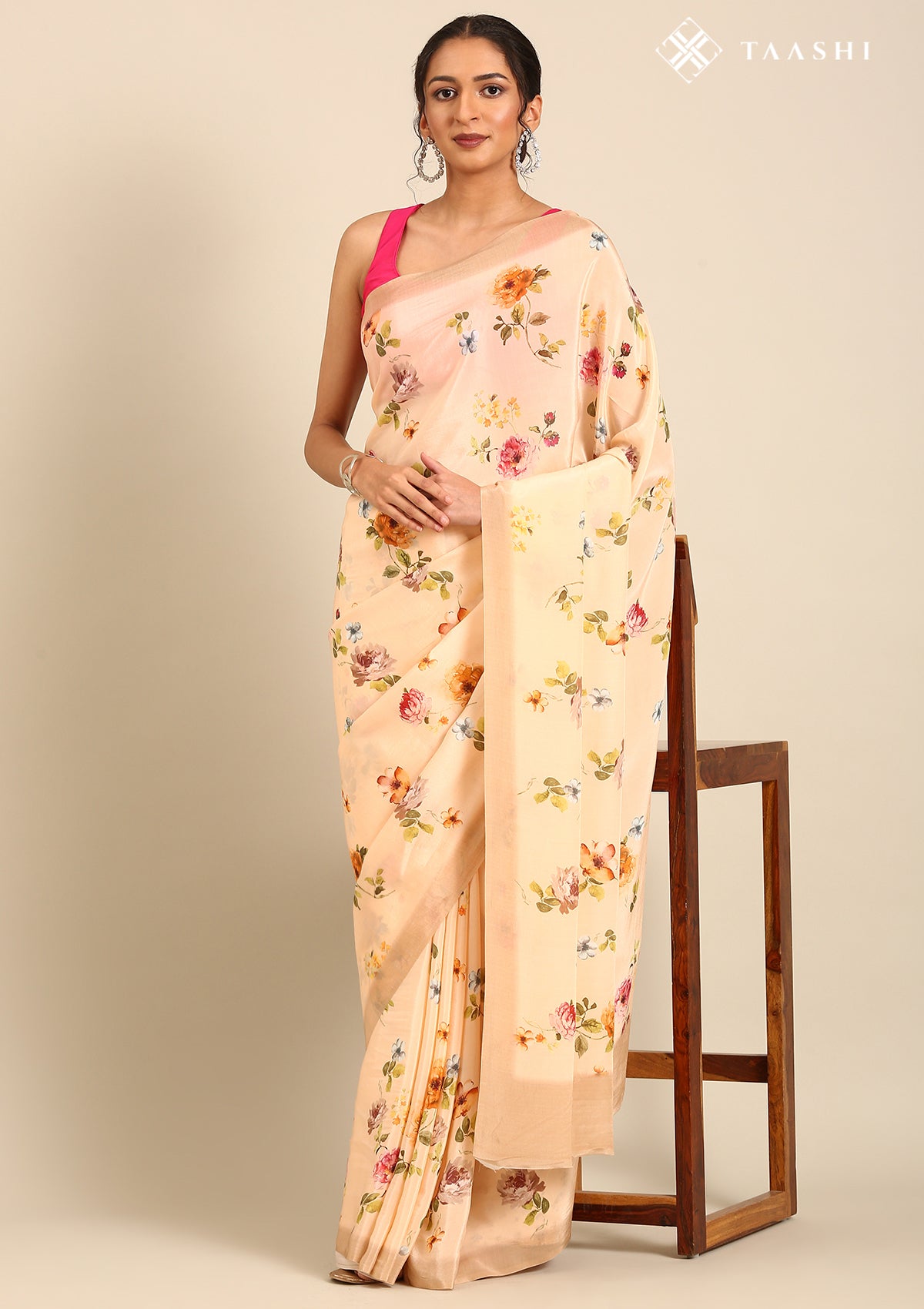 Pastel Peach Floral Printed Crepe Saree