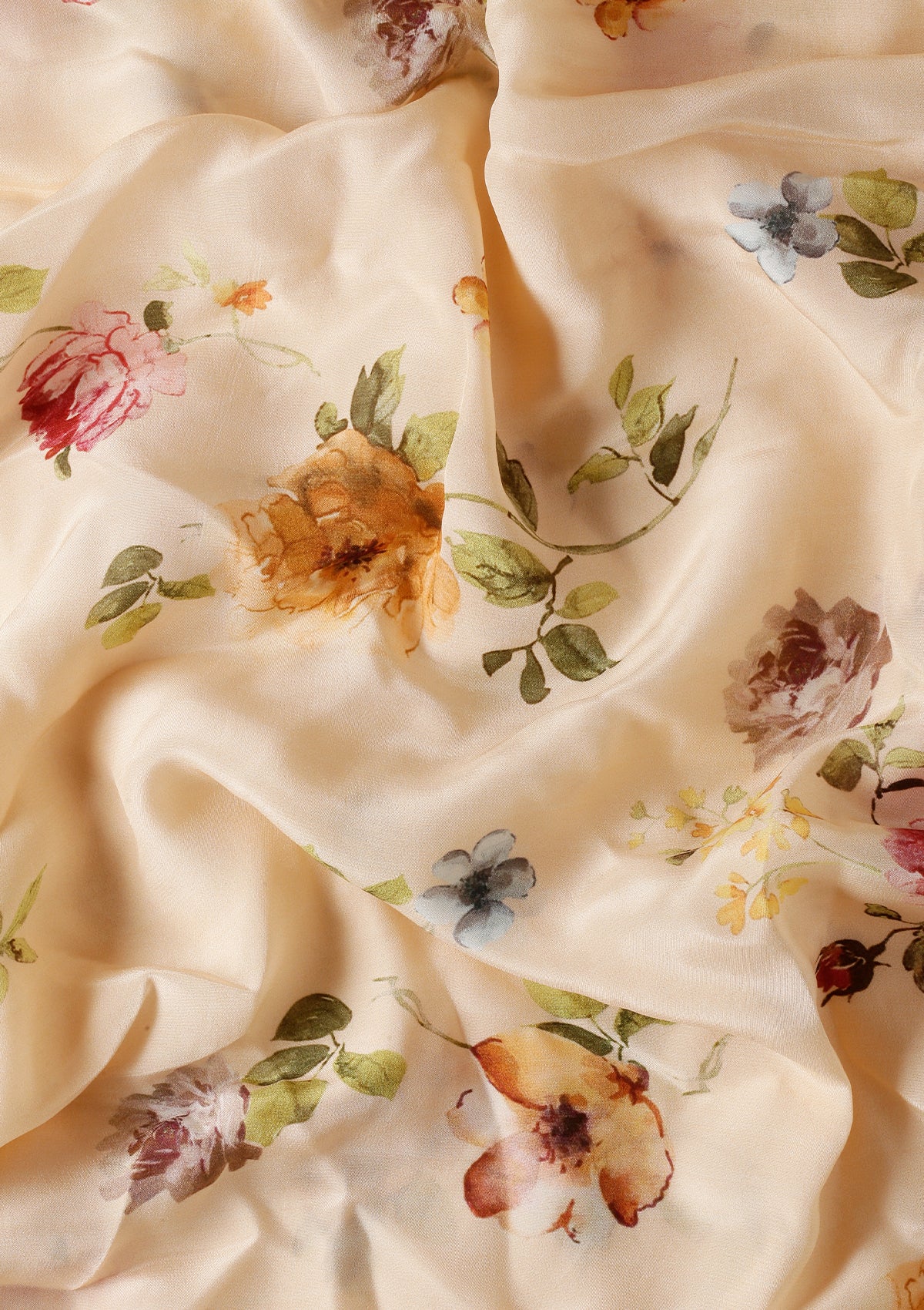 Pastel Peach Floral Printed Crepe Saree