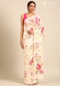 Cream Floral Printed Crepe Saree - Taashi