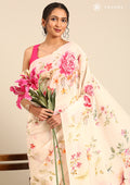 Cream Floral Printed Crepe Saree - Taashi