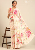Cream Floral Printed Crepe Saree - Taashi