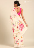 Cream Floral Printed Crepe Saree - Taashi