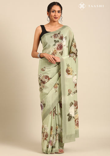 Sage Green Floral Printed Crepe Saree