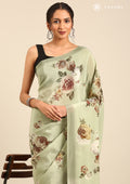 Sage Green Floral Printed Crepe Saree - Taashi