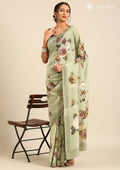 Sage Green Floral Printed Crepe Saree - Taashi