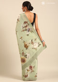 Sage Green Floral Printed Crepe Saree - Taashi