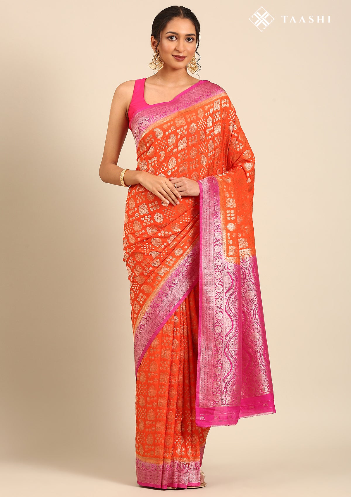 Orange Zari Woven Georgette Saree