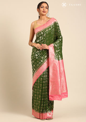 Dark Green Zari Woven Georgette Saree