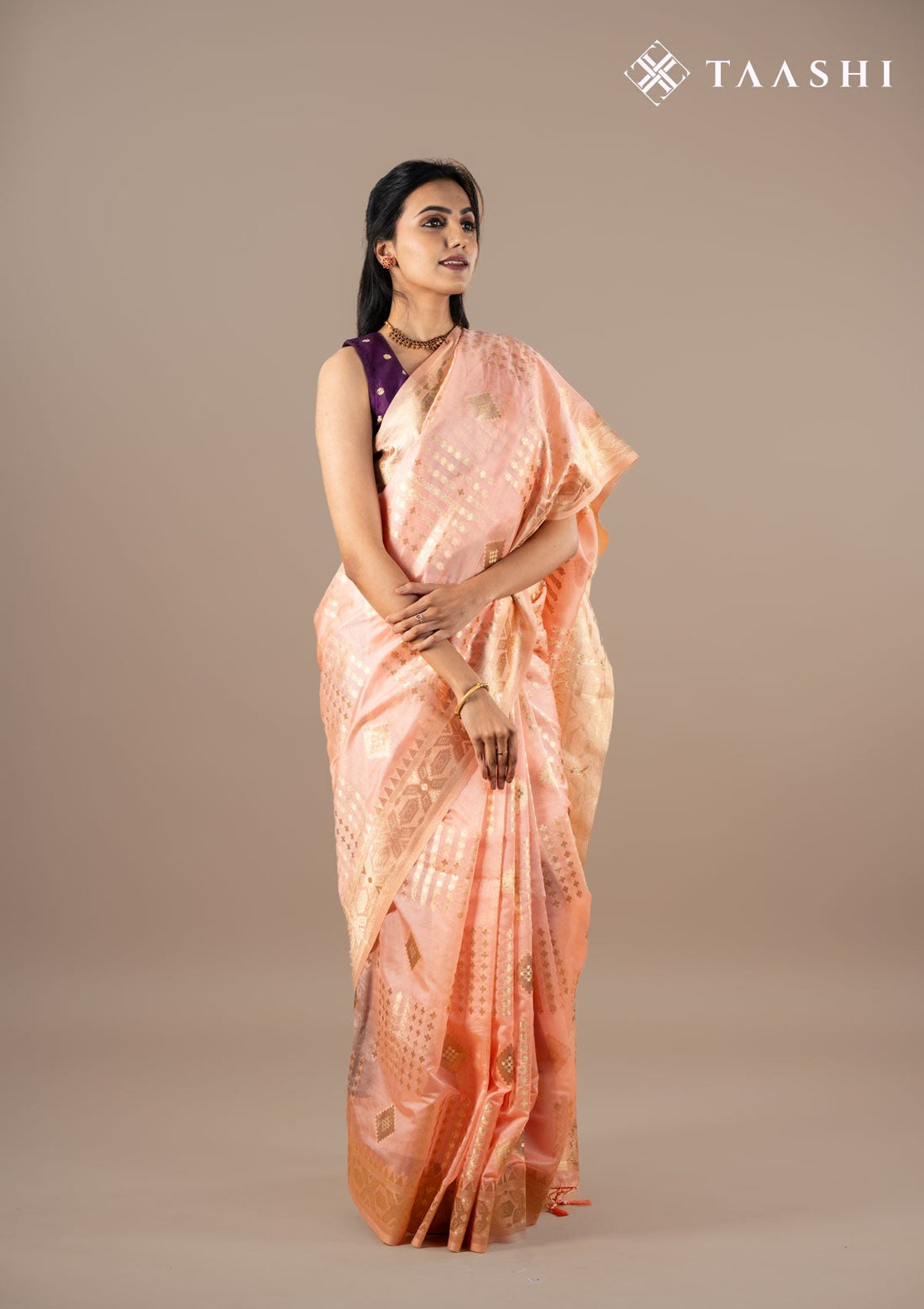 Peach Organza Contemporary Woven Saree