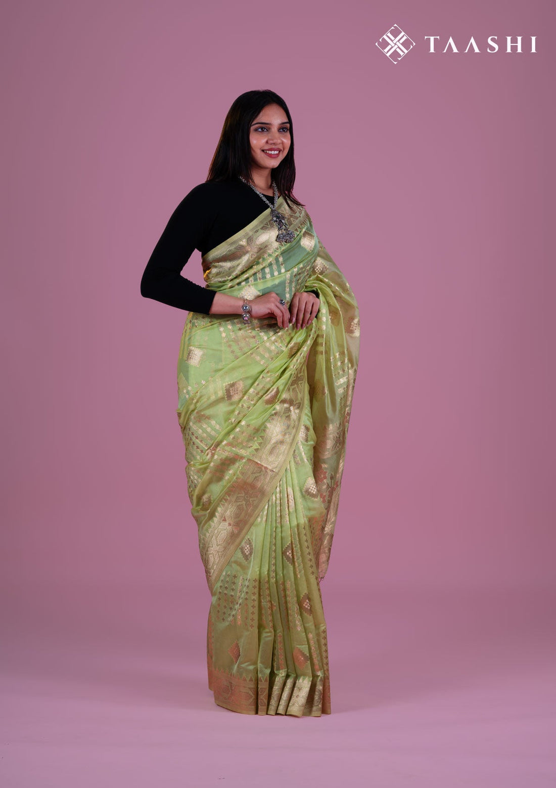 Pastel Green Organza Contemporary Woven Saree
