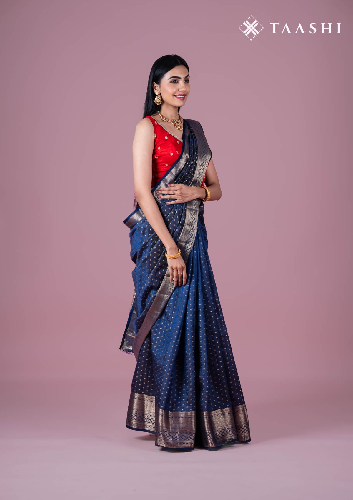 Midnight Blue Zari All Over Butta Tussar Saree - Taashi