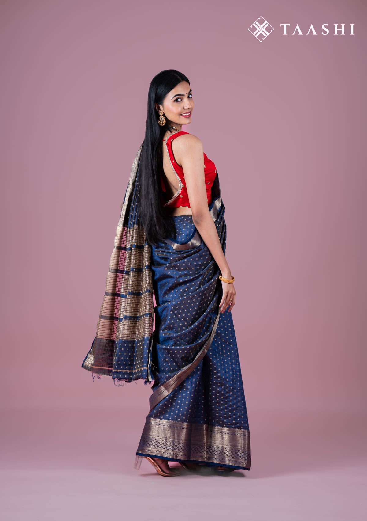 Midnight Blue Zari All Over Butta Tussar Saree - Taashi