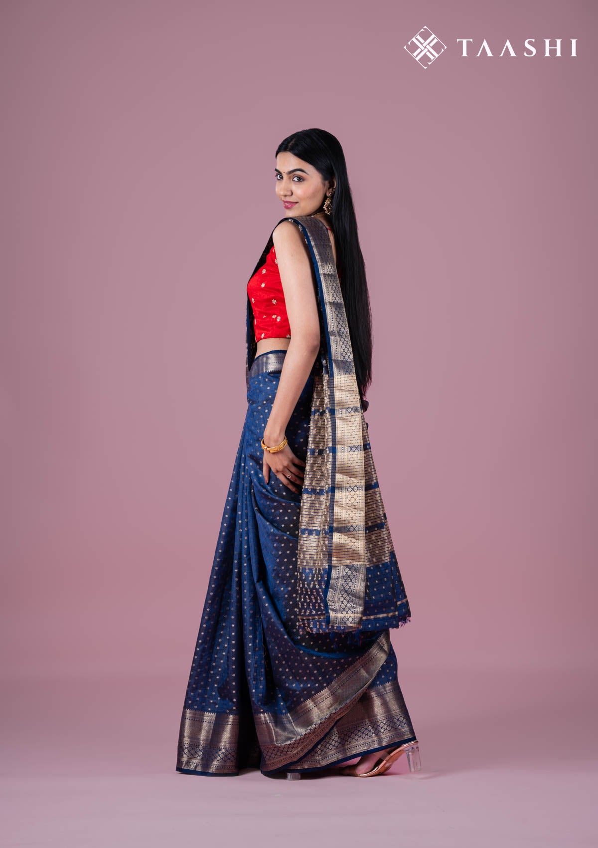 Midnight Blue Zari All Over Butta Tussar Saree - Taashi