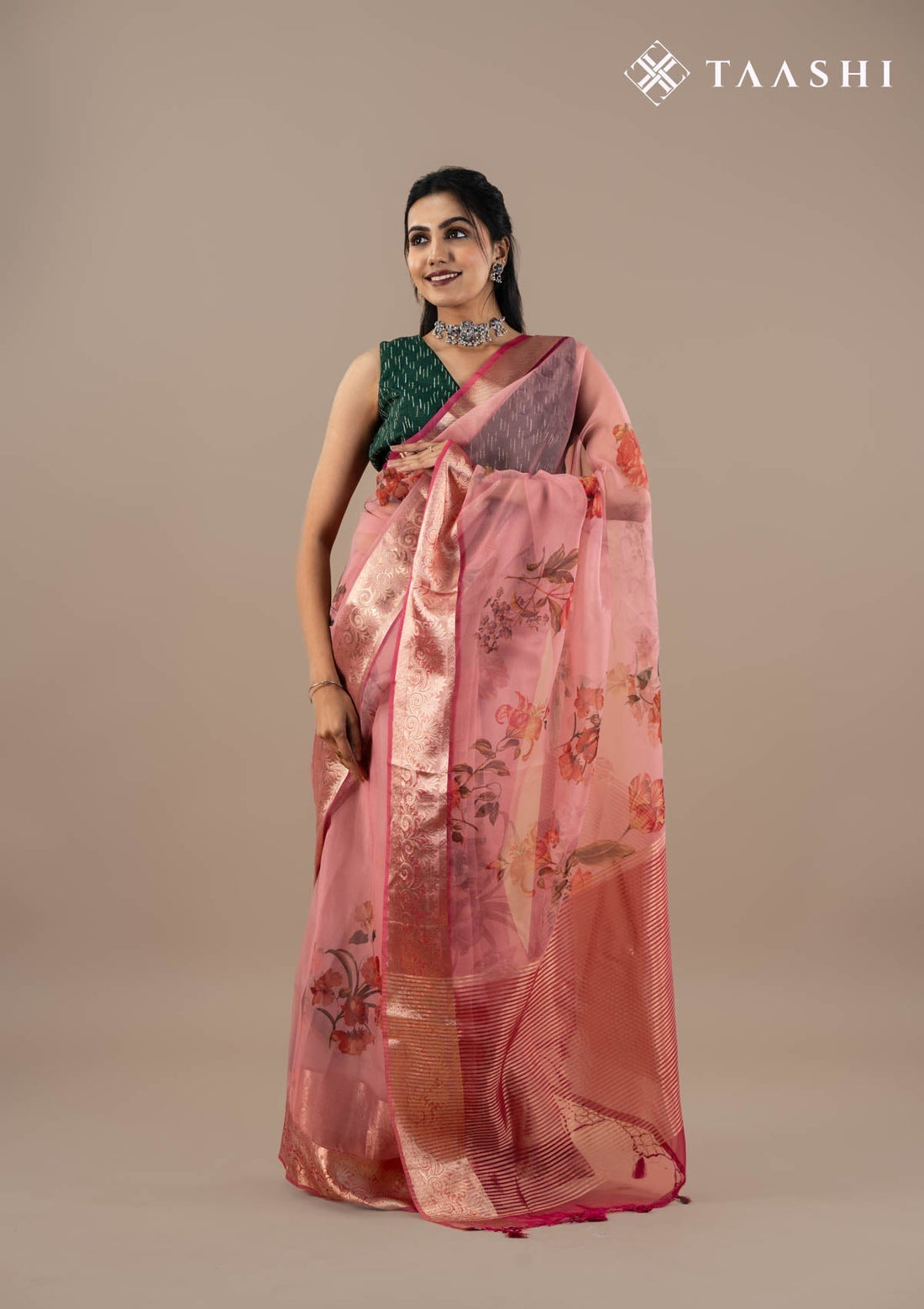 Dusty Pink Organza Contemporary Printed Saree