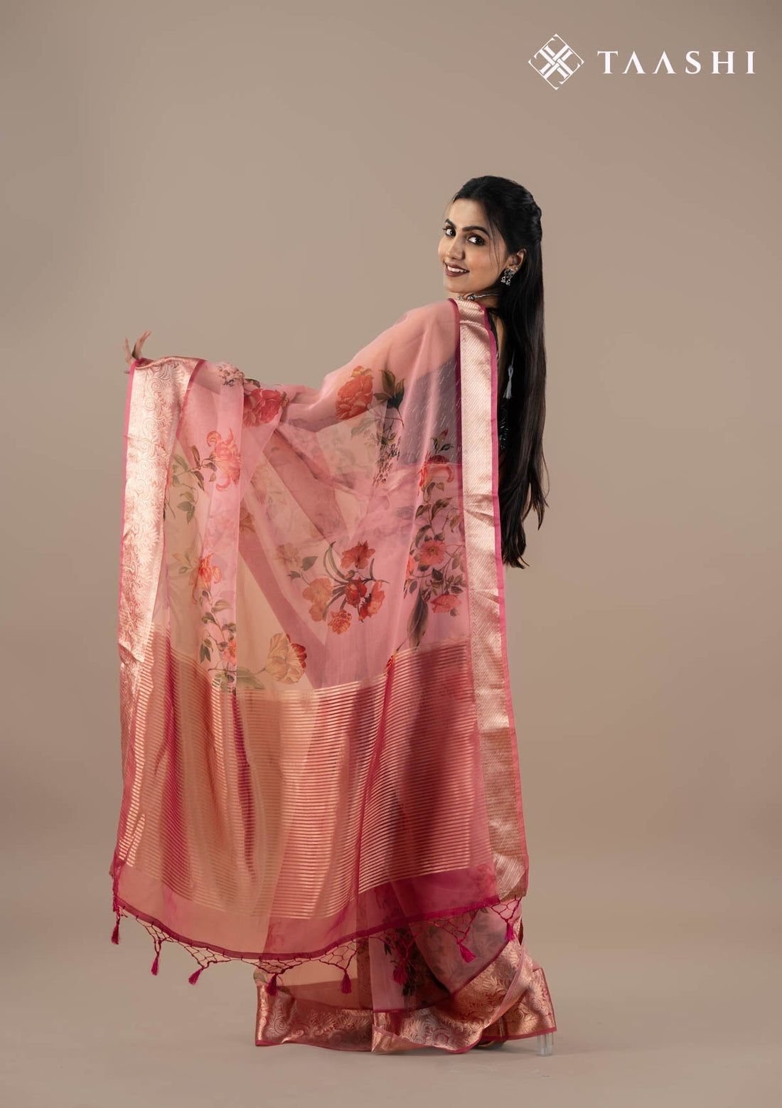 Dusty Pink Organza Contemporary Printed Saree