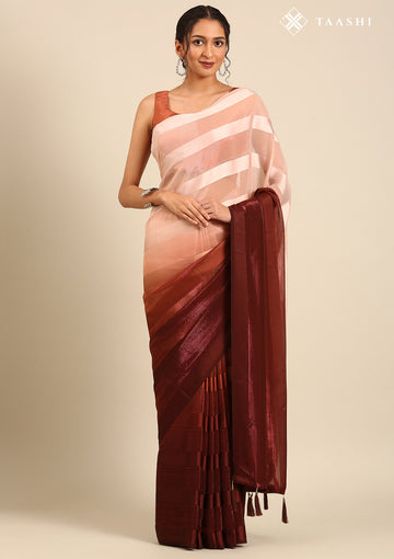 Brown Ombre Metallic Zari Striped Chiffon Saree