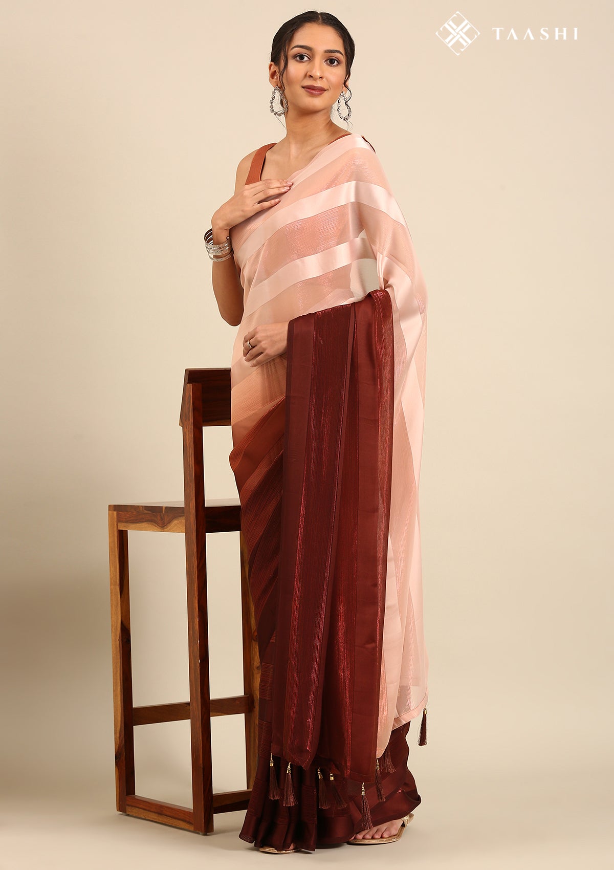 Brown Ombre Metallic Zari Striped Chiffon Saree